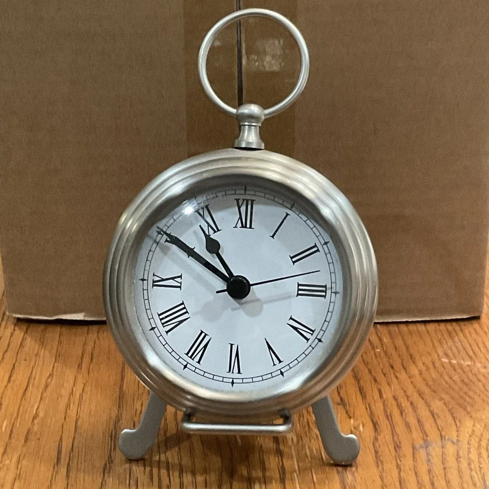 Pottery Barn Pocket Watch Clock with Easel Nickel Finish Round Working